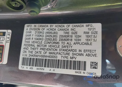 2022 Honda Cr-V 2Wd Ex из США, поврежденный, VIN 2HKRW1H56NH400053